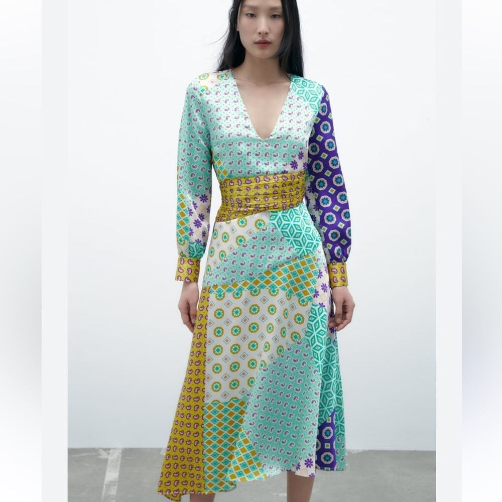 Zara Patchwork Midi Dress in Mint, Yellow & Purple